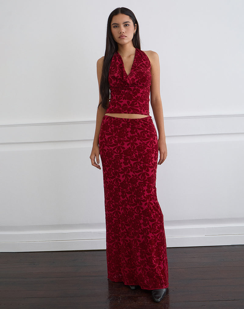 Image of Clandy Cowl Top in Flocked Mesh Flower Cherry