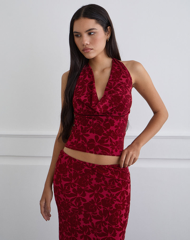 Clandy Cowl Top aus beflocktem Mesh Flower Cherry