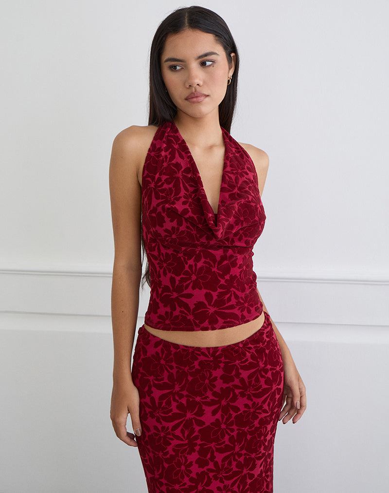 Clandy Cowl Top aus beflocktem Mesh Flower Cherry
