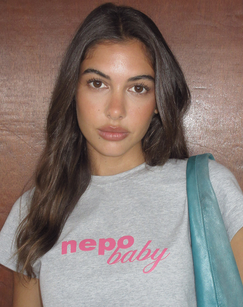 T-shirt ample Clio, gris chiné, avec motif « Nepo Baby »
