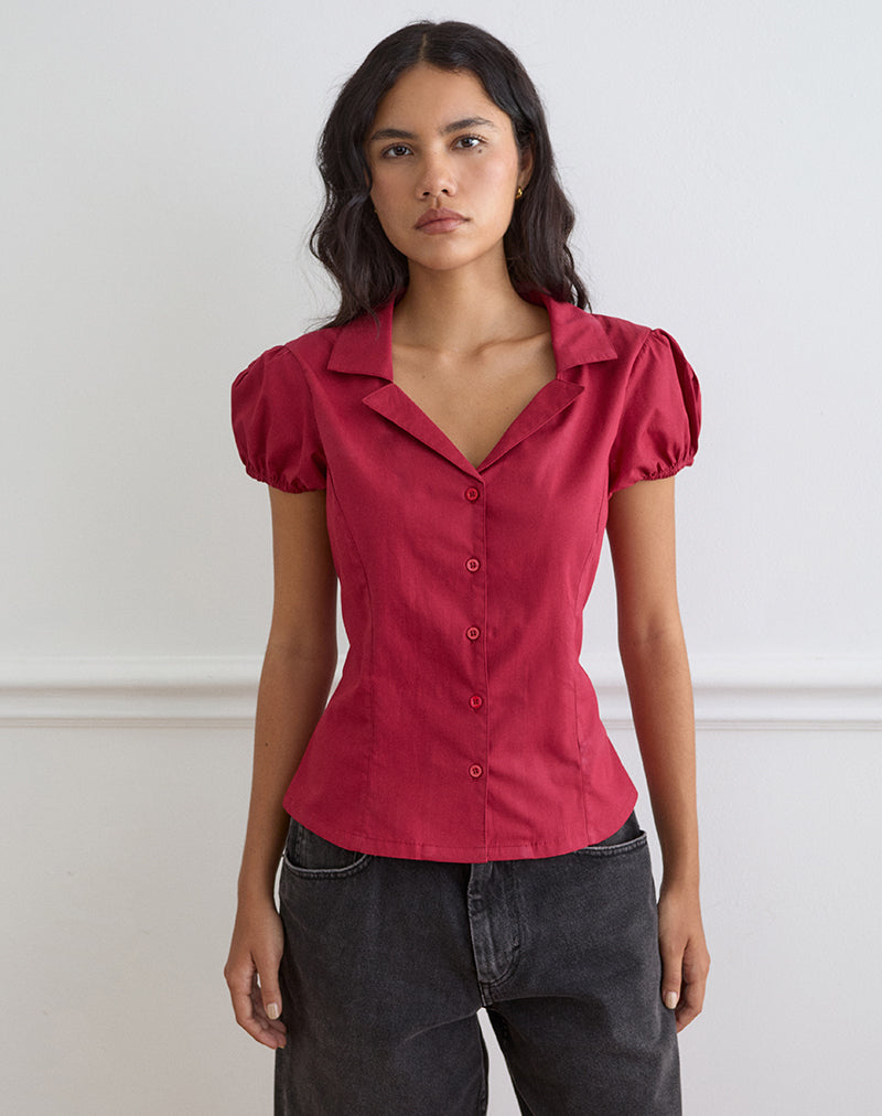 Image of Cloma Fitted Blouse with Puff Sleeves in Adrenaline Red