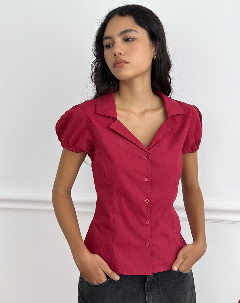 Image of Cloma Fitted Blouse with Puff Sleeves in Adrenaline Red
