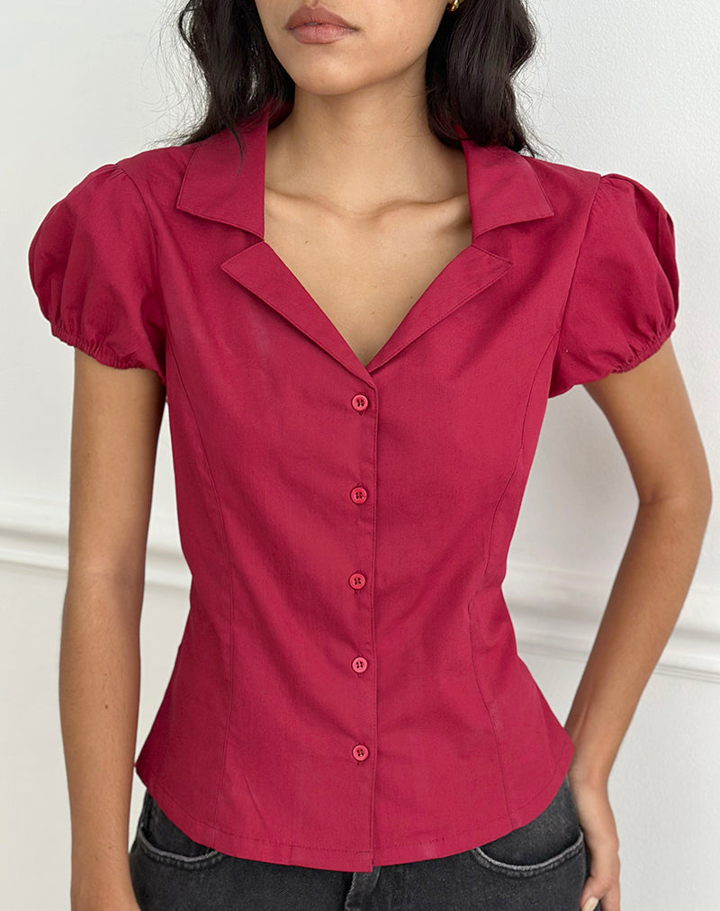 Cloma Fitted Blouse with Puff Sleeves in Adrenaline Red