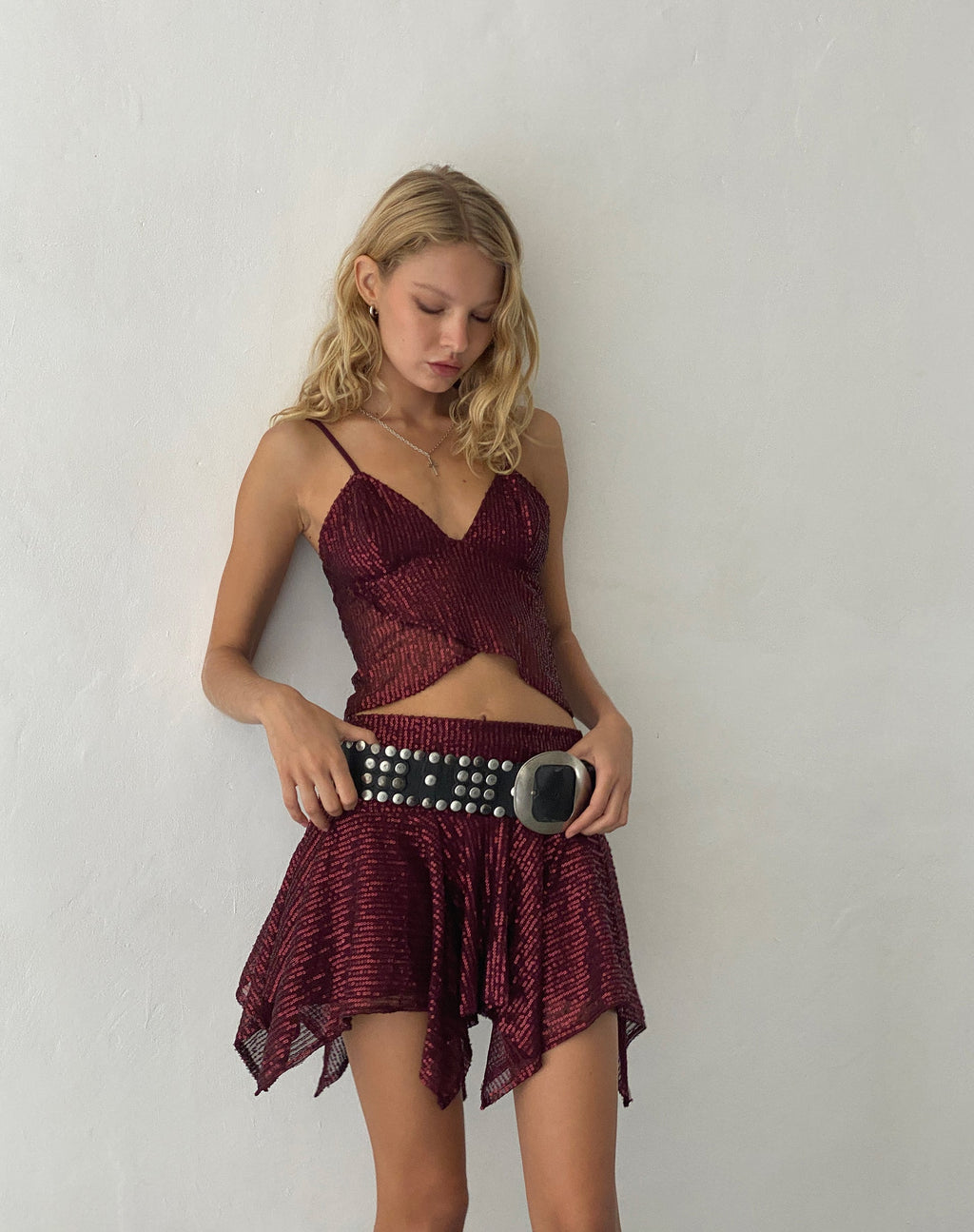 Helga Waterfall Mini Skirt in Sequin Burgundy