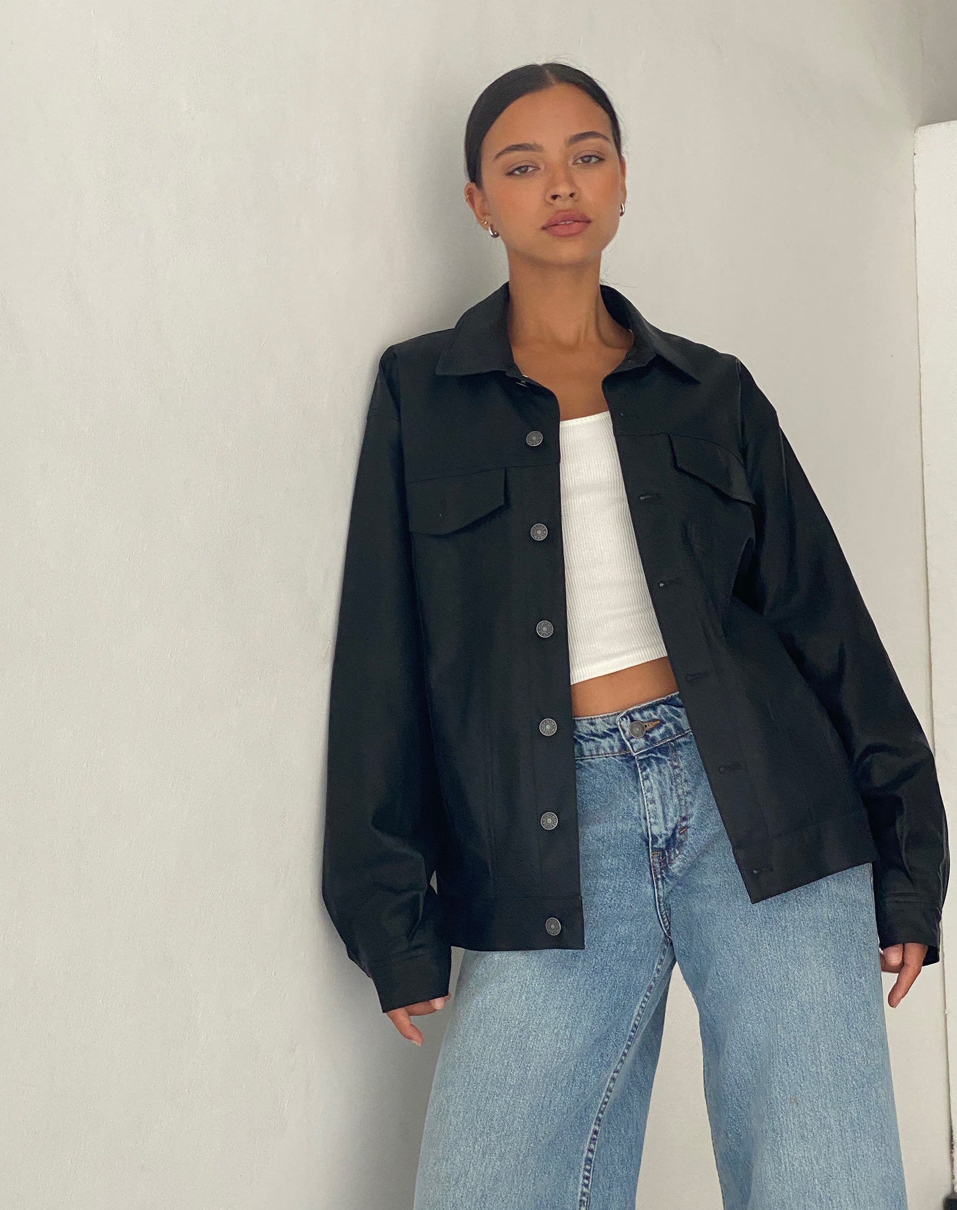 Image of Colleen Oversized Moto Jacket in PU Black
