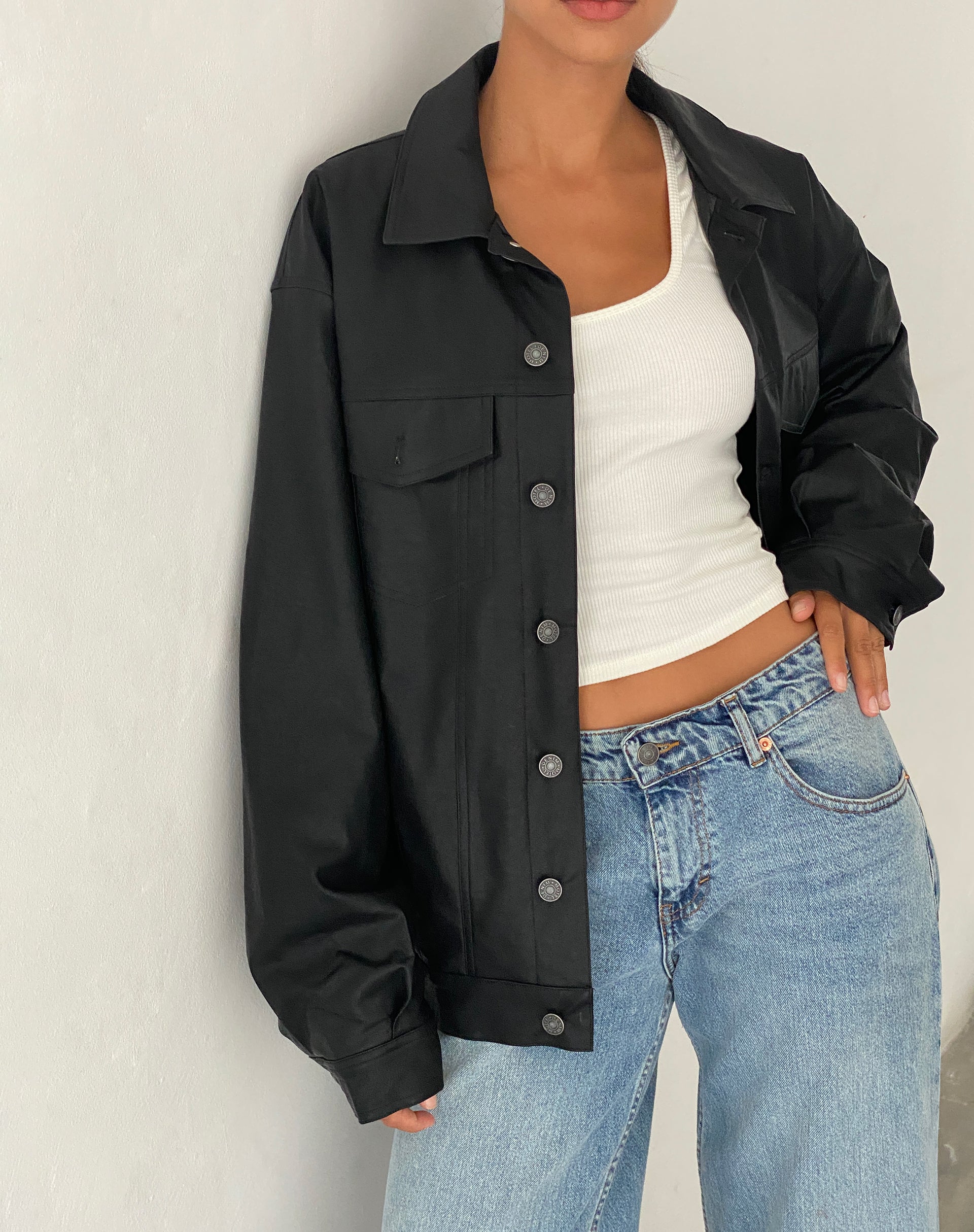 Image of Colleen Oversized Moto Jacket in PU Black