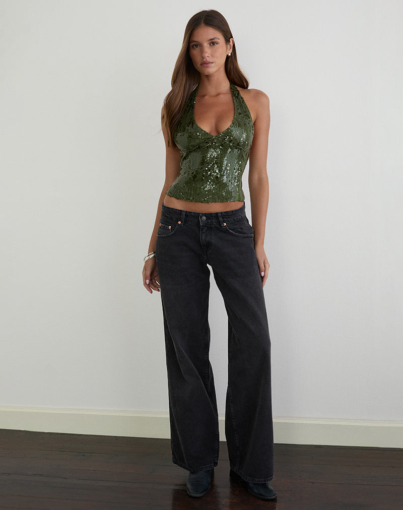 Cosio Halter Top in Mix Sequin Khaki