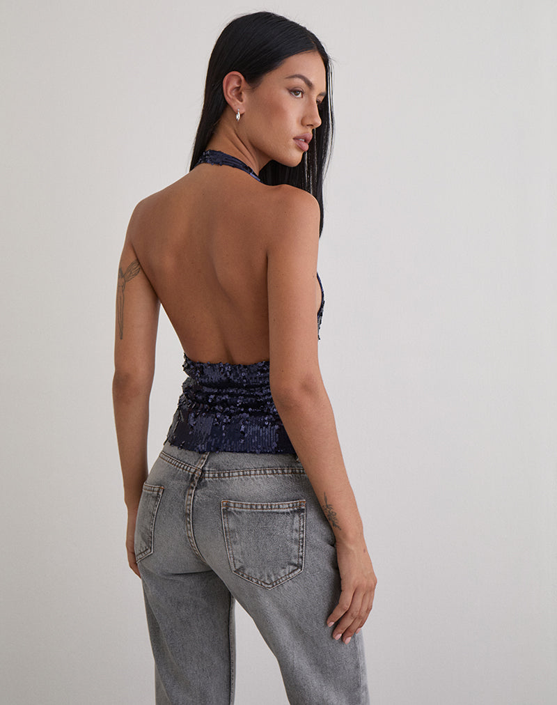 Image of Cosio Halter Top in Mix Sequin Navy