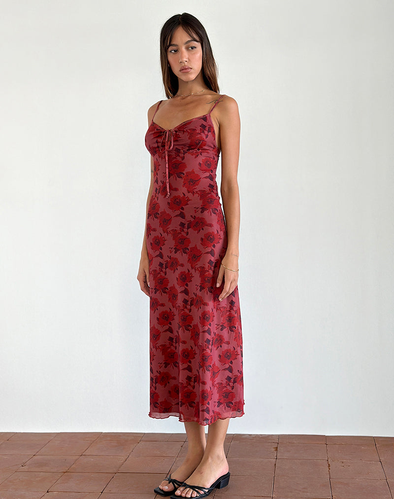 Robe mi-longue Coya en motif floral féerique bordeaux floqué