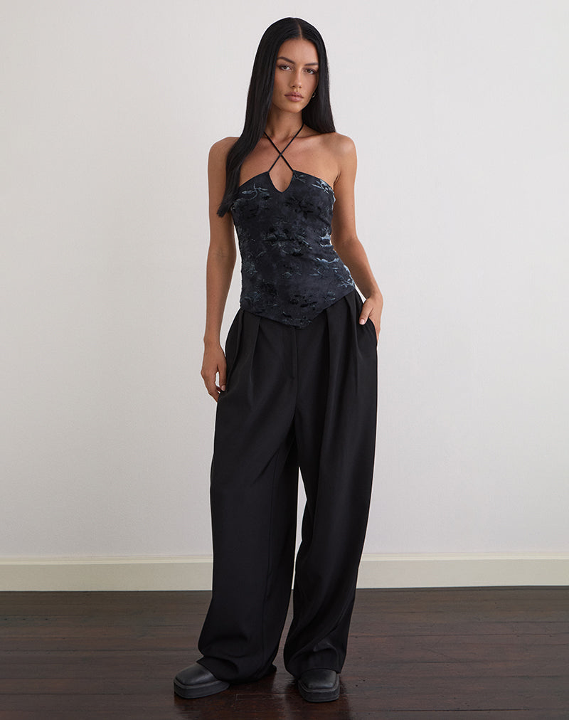 Image of Daiki Halterneck Top in Leaf Velvet Dark Blue