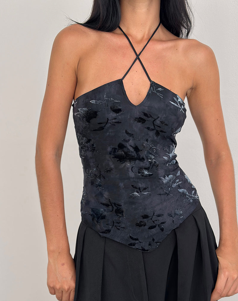 Image of Daiki Halterneck Top in Leaf Velvet Dark Blue