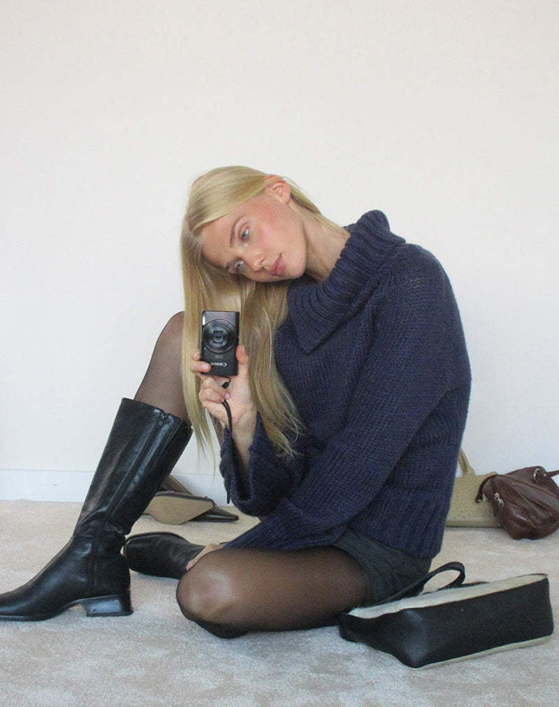 Image of Dajah Fold Over Jumper in Knit Navy