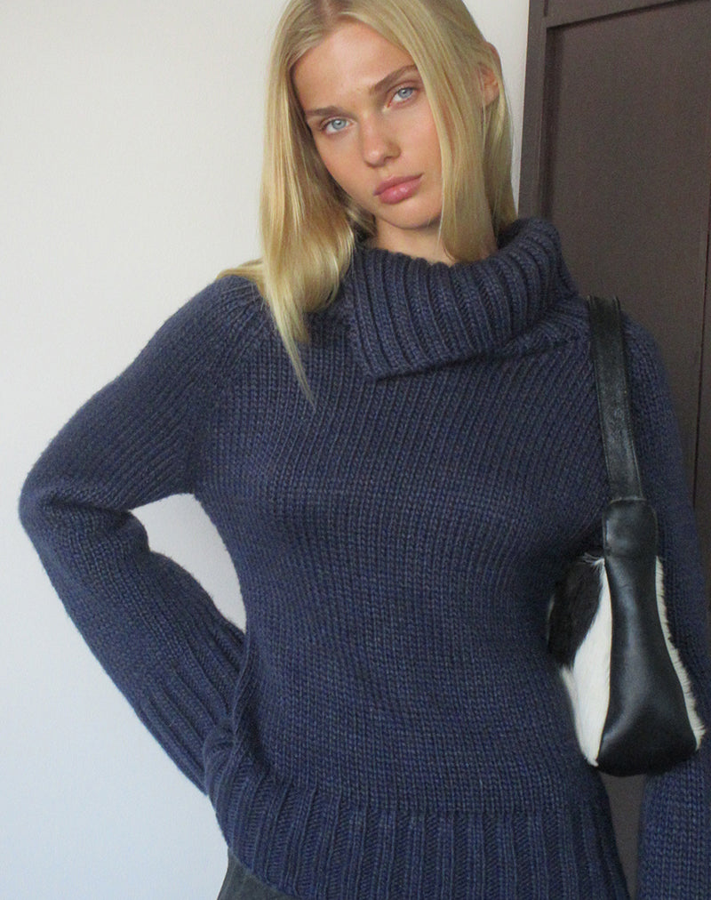 Image of Dajah Fold Over Jumper in Knit Navy