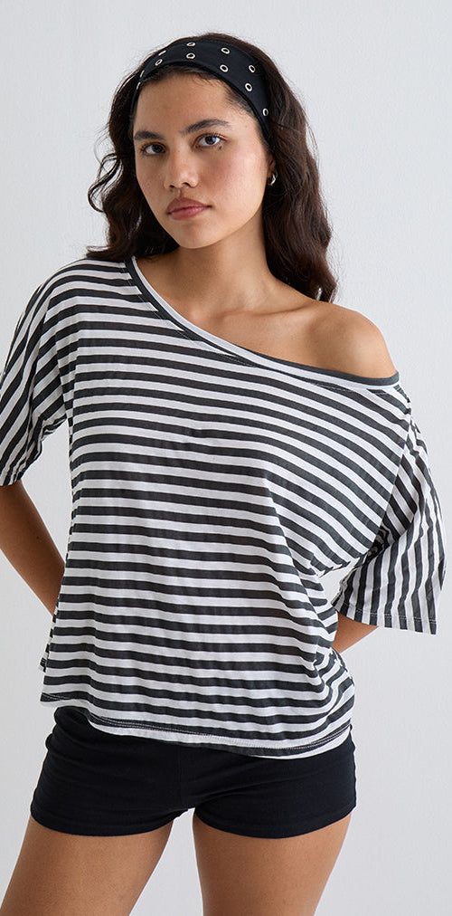 Image of Daman Off Shoulder Basic Top in Ivory with Charcoal Stripe