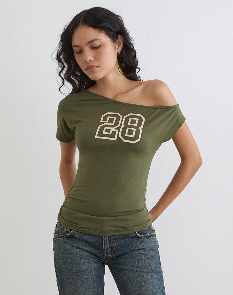 Top de un solo hombro Danama en jersey de rayón color uva con gráfico «28»