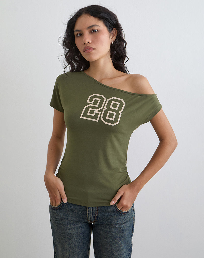 Image of Danama One Shoulder Top in Rayon Jersey Grape with '28' Graphic
