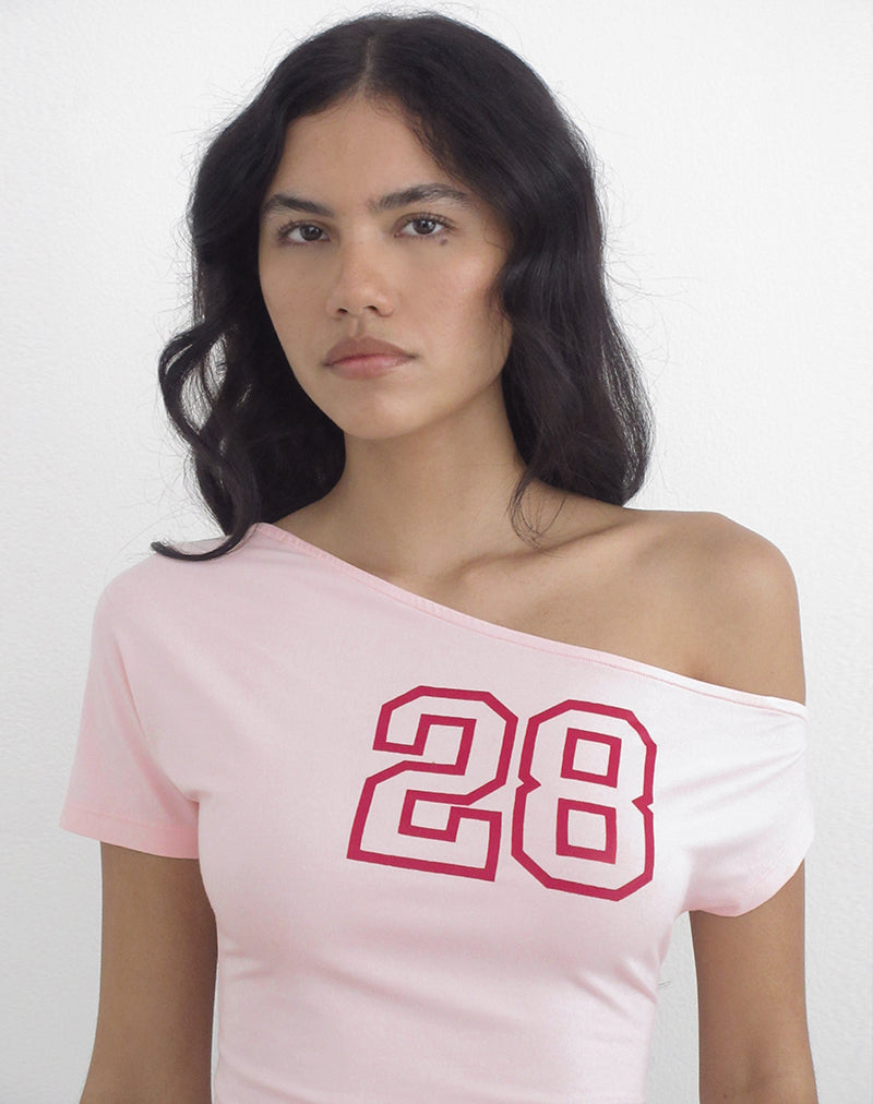 Image of Danama One Shoulder Top in Rayon Jersey Light Pink with '28' Graphic