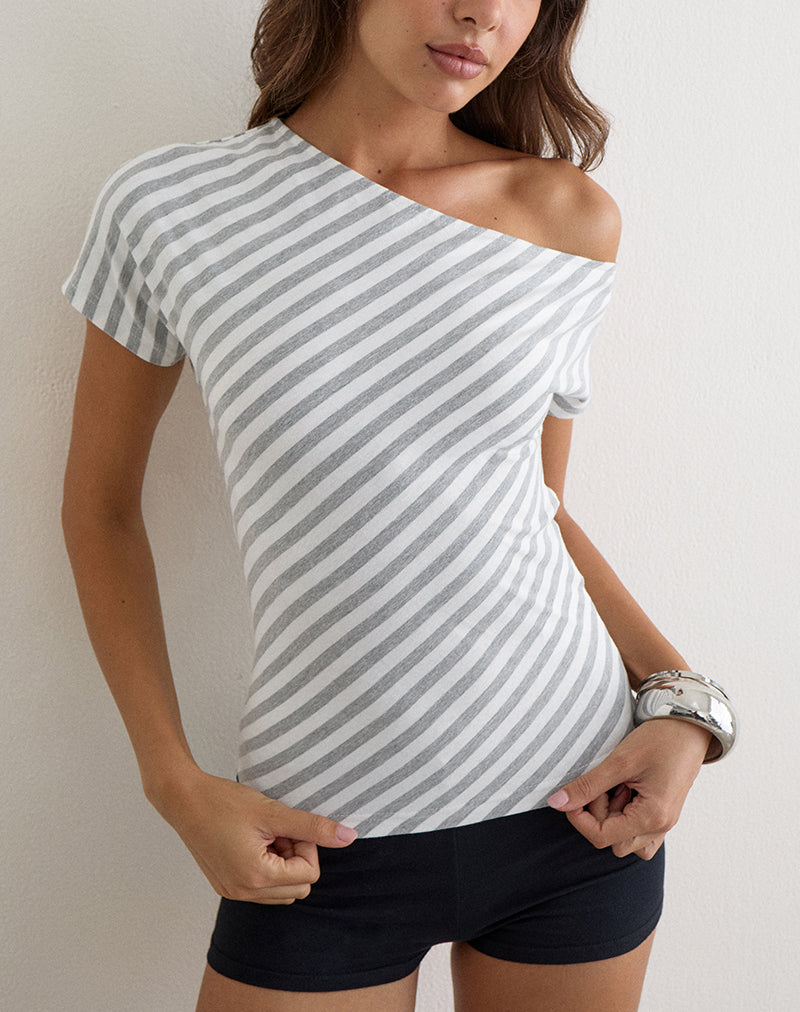 Image of Danama One Shoulder Top in Rayon Jersey Grey and White Stripes