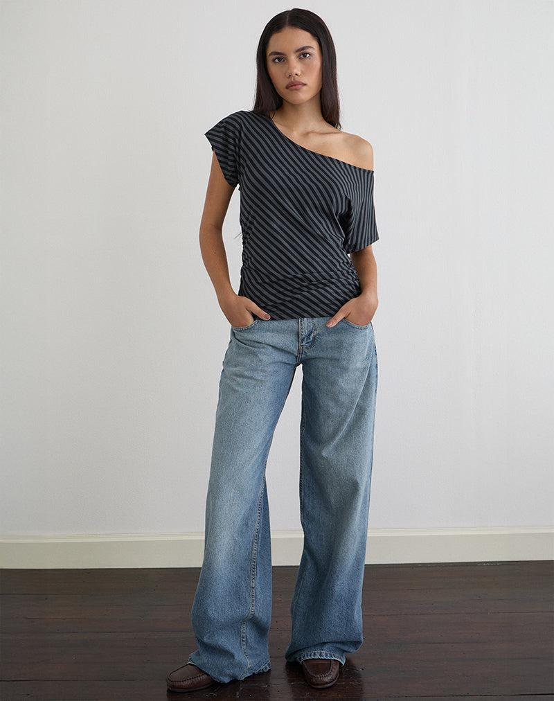 Danama One Shoulder Top in Oblique Stripe Ocean Storm