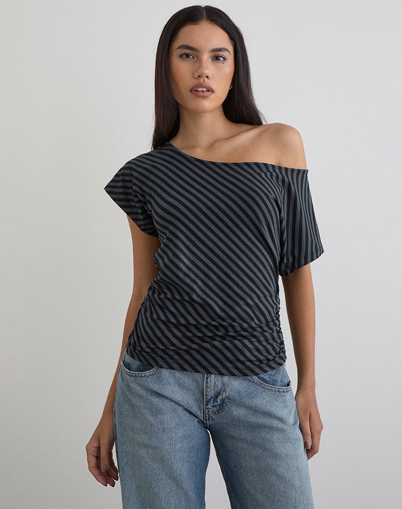 Danama One Shoulder Top in Oblique Stripe Ocean Storm