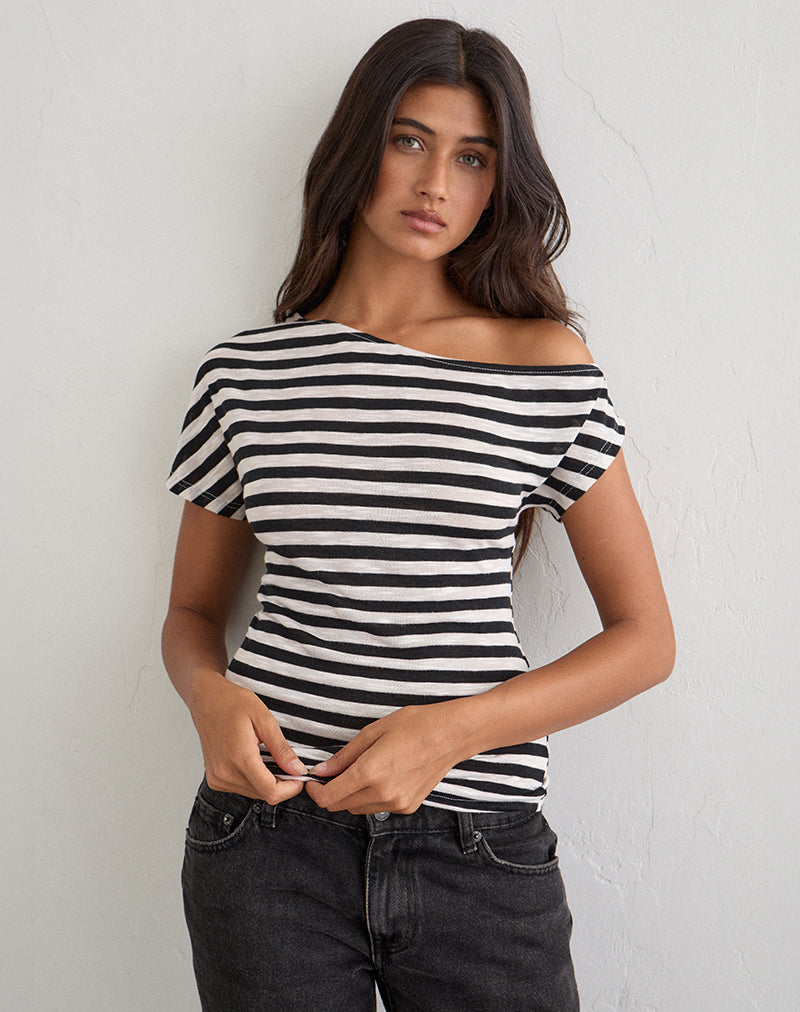 Image of Danama One Shoulder Top in Sheer Jersey Black and White Stripe