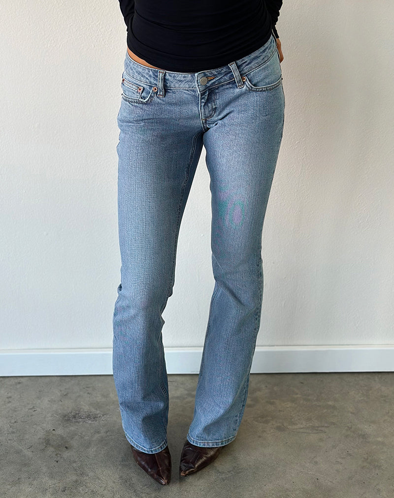 Ultra Low Rise Stretch Flare Jeans in Mid Blue