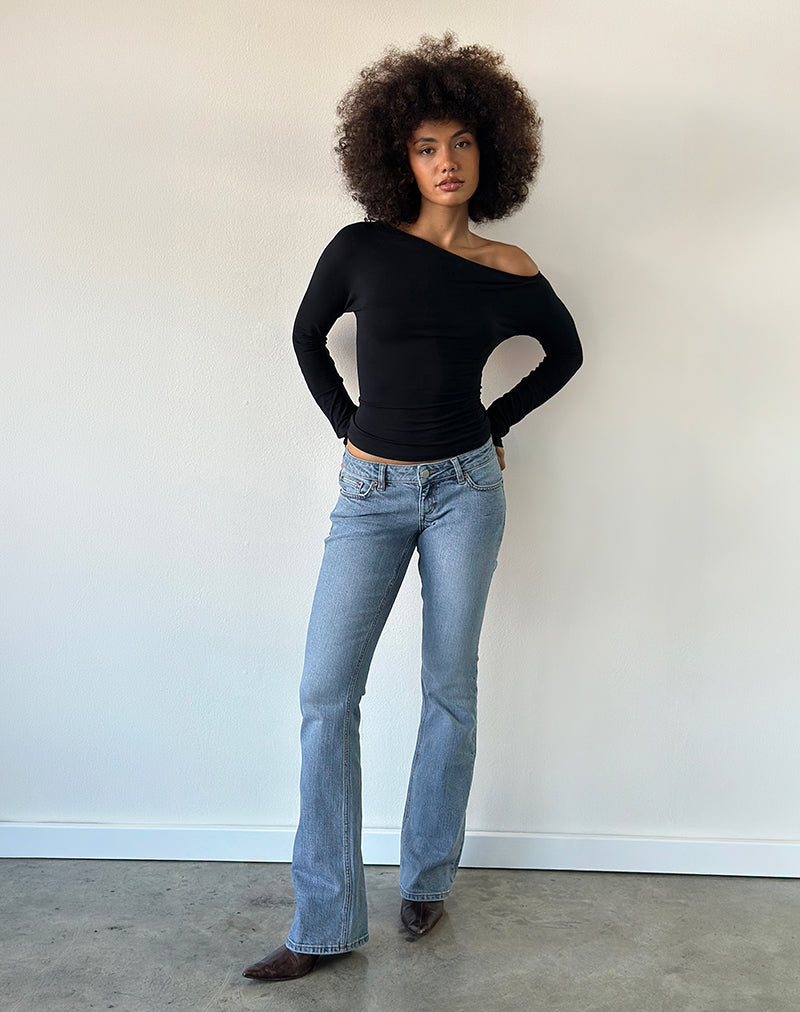 Ultra Low Rise Stretch Flare Jeans in Mid Blue