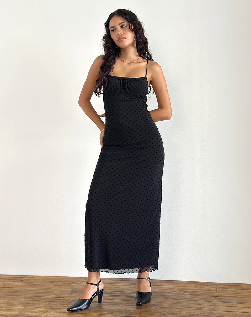 Robe longue Darsih en floqué noir à pois basiques