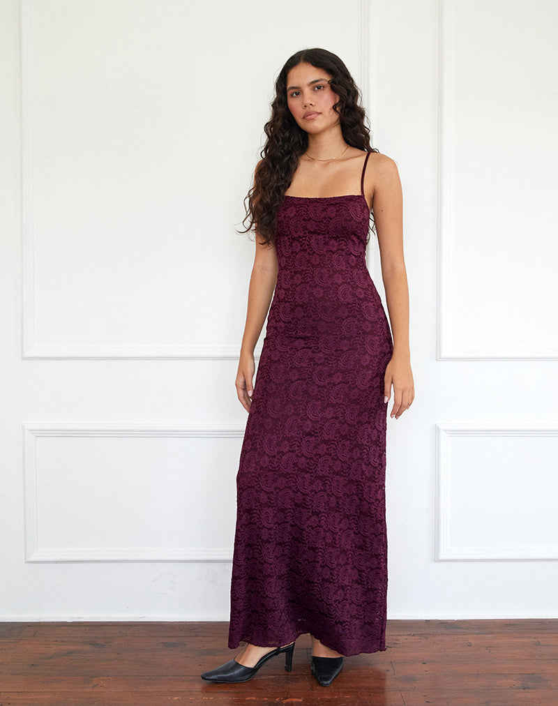 Image of Darsih Cami Maxi Dress in Paisley Lace Burgundy