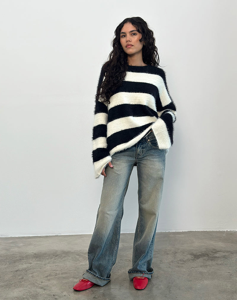 Image of Daya Fluffy Jumper in Ivory and Black Stripe