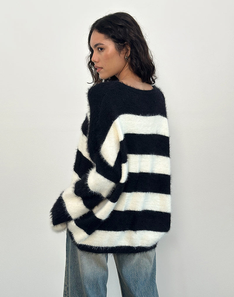 Image of Daya Fluffy Jumper in Ivory and Black Stripe