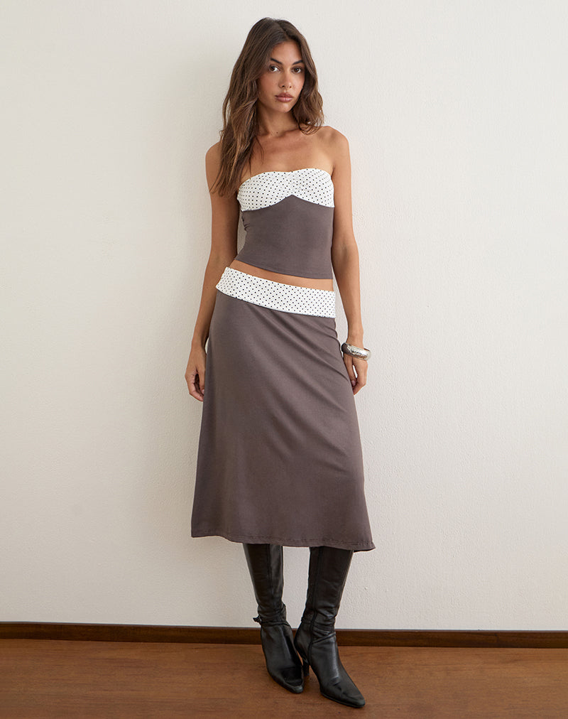 Adah Midi Skirt in Peppercorn with White Polka Dots Waistband