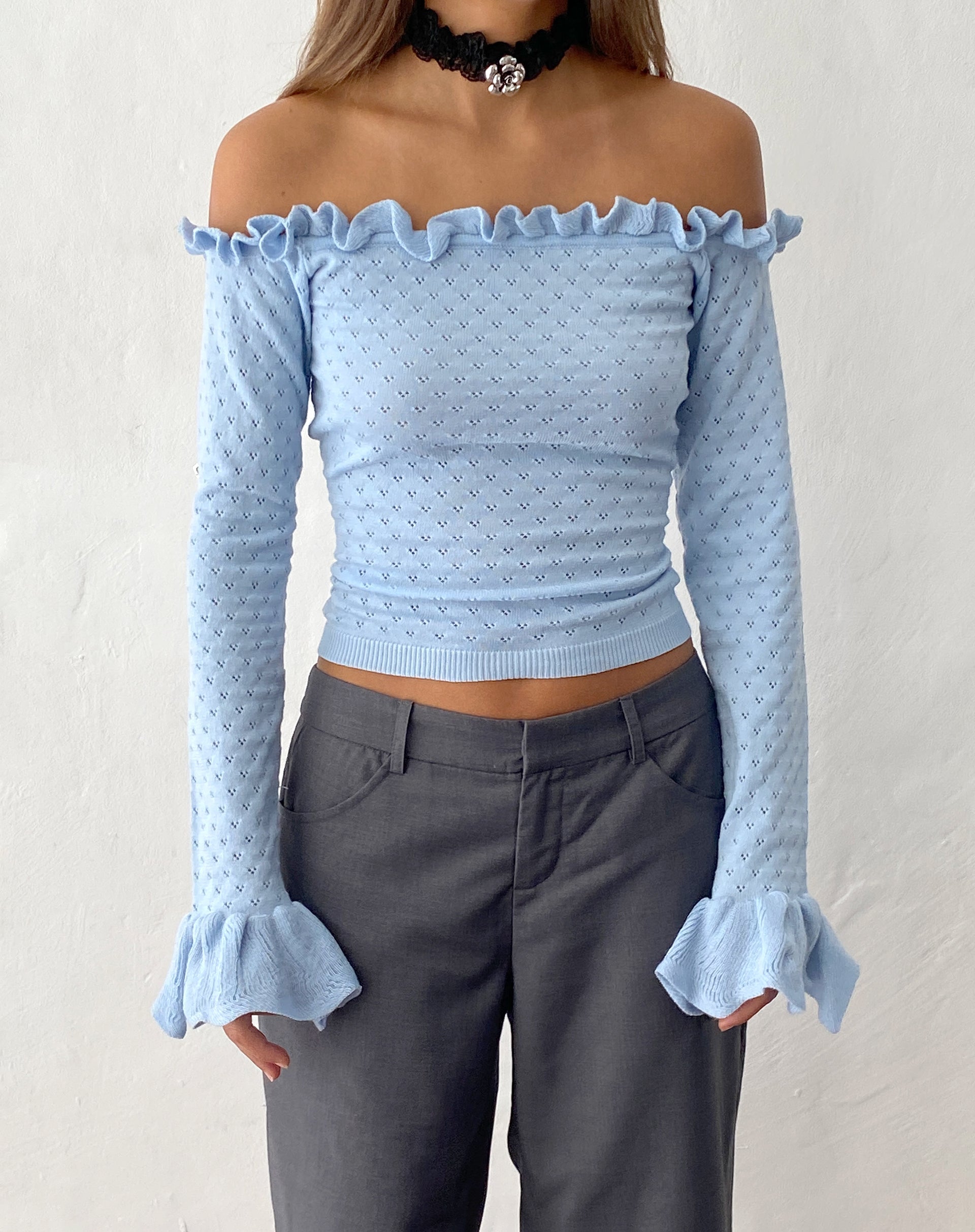 Image of Delaney Knitted Frill Bardot Top in Baby Blue