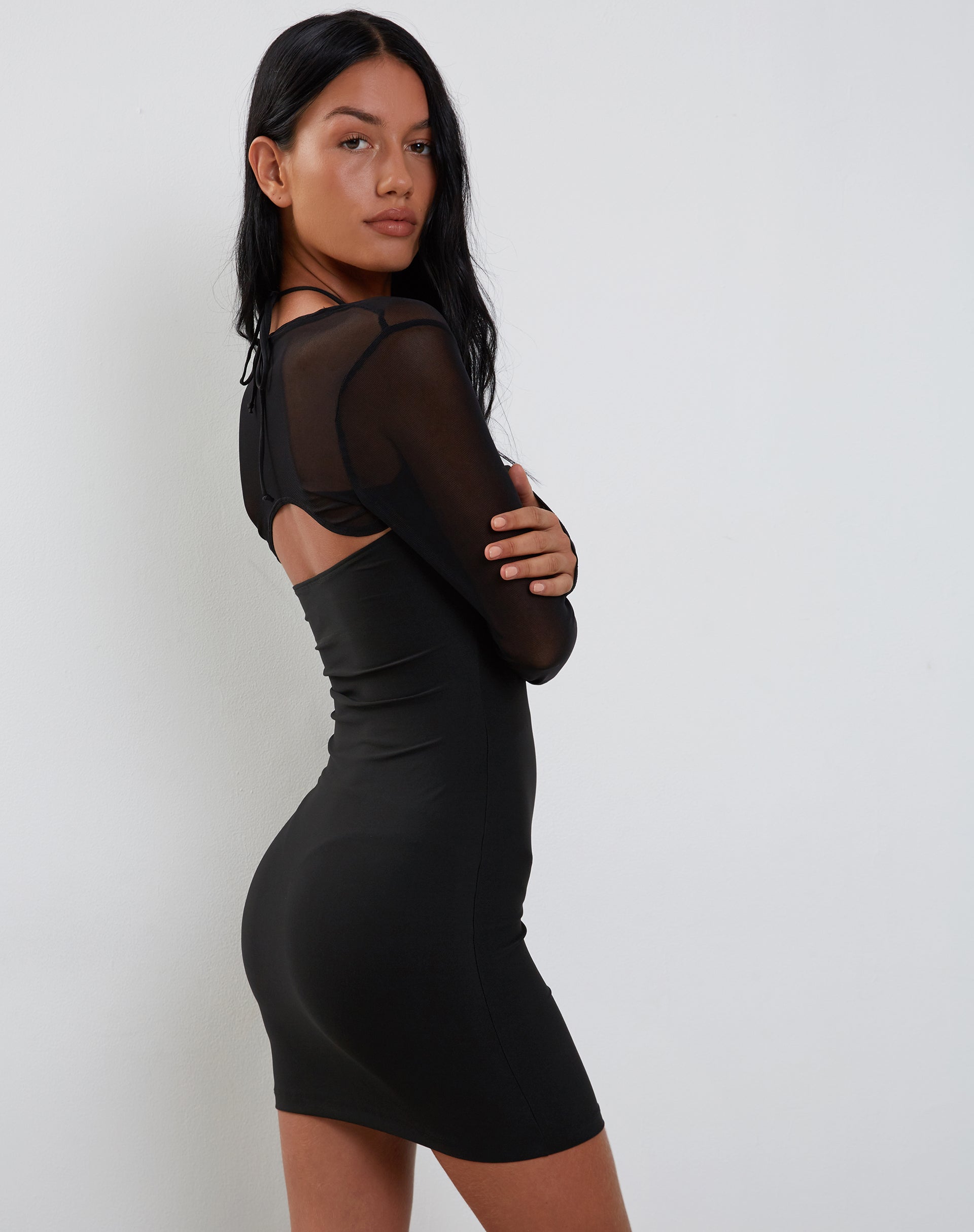 Image of Deluna Long Sleeve Mini Dress in Black Lycra