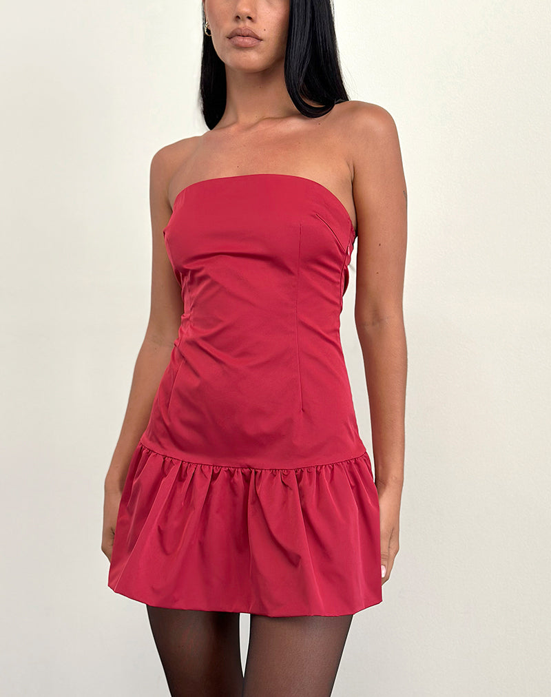 Image of Denama Puffball Mini Dress in Deep Red