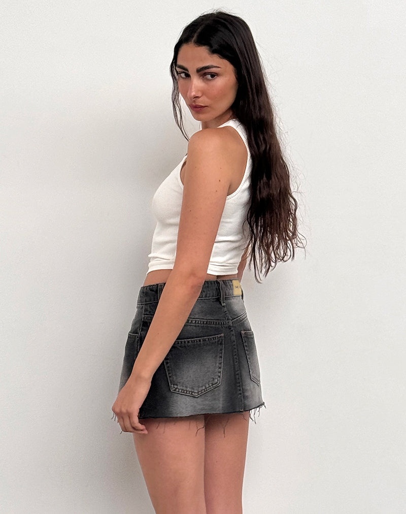 Image of Raw Hem Denim Mini Skirt in Grey Used Bleach
