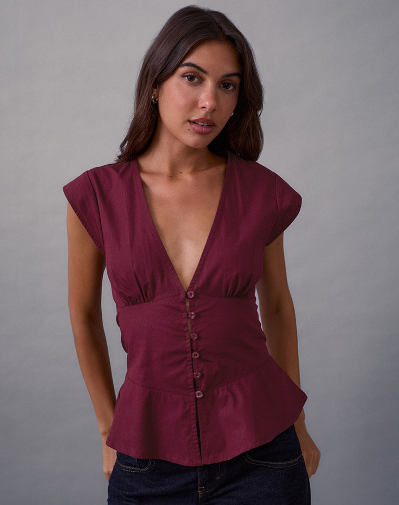 Blusa Devlin con cuello en V de popelina burdeos