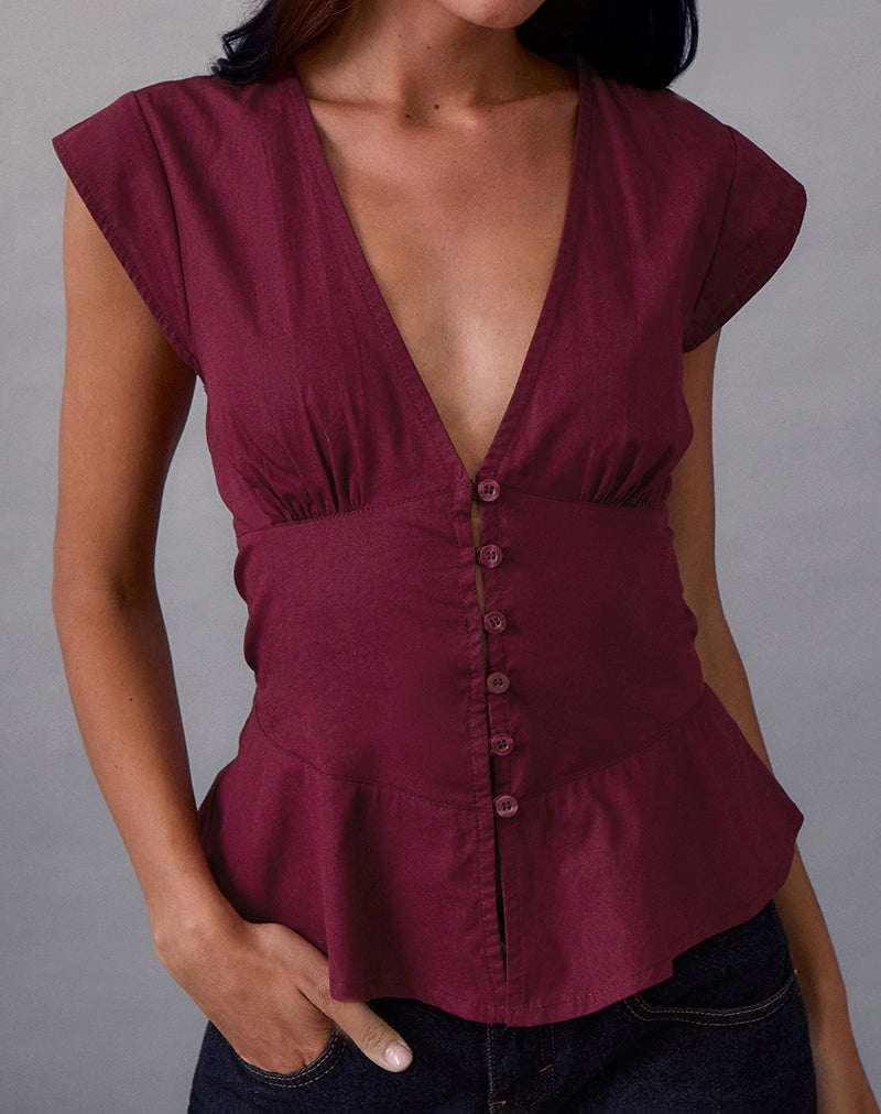 Devlin V Neck Blouse in Poplin Burgundy