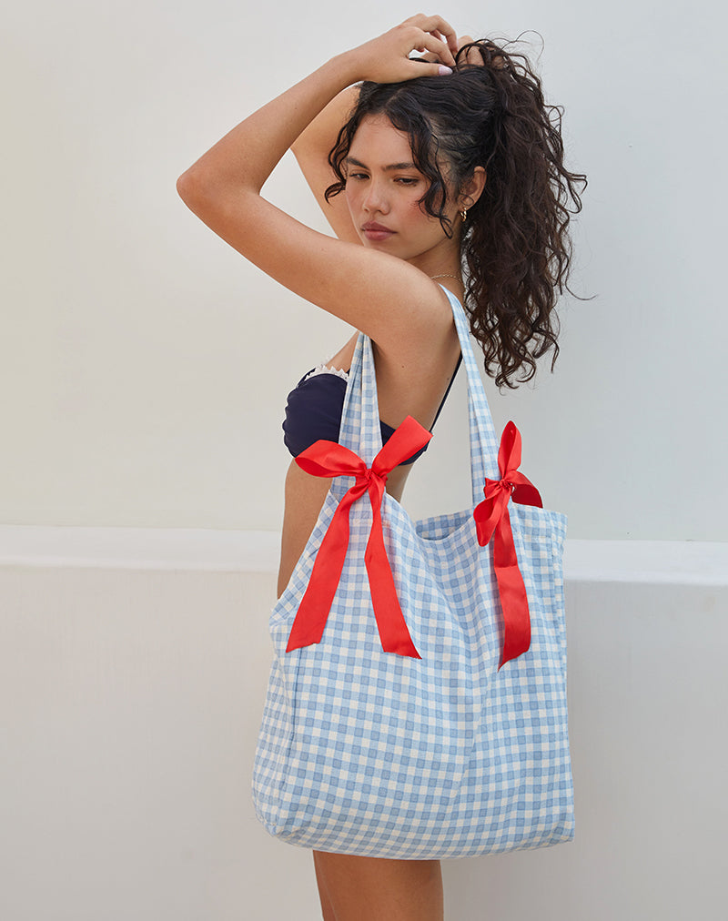 Barbara Tote Bag in Blue Gingham with Red Bow