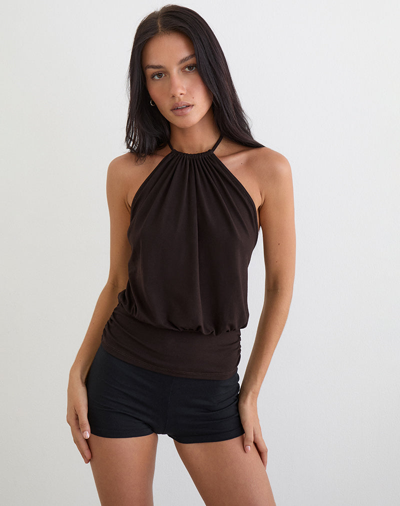 Afbeelding van Diraka High Neck Top in Rayon Jersey Chocolate Brown