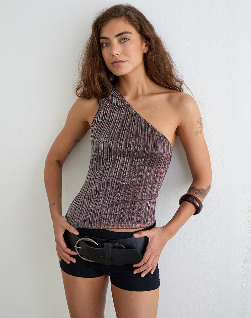 Image of Dirsa One Shoulder Asymmetric Top in Plisse Brown