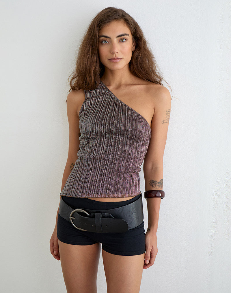 Dirsa One Shoulder Asymmetric Top in Plisse Brown