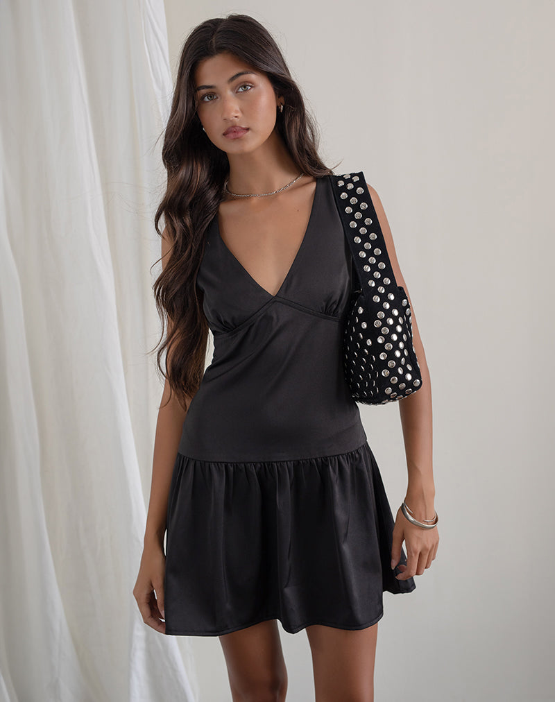 Image of Distia Plunge Puff Mini Dress in Black