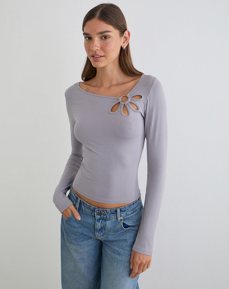 Donela Langarm-Oberteil mit Blumenring in Lila-Grau