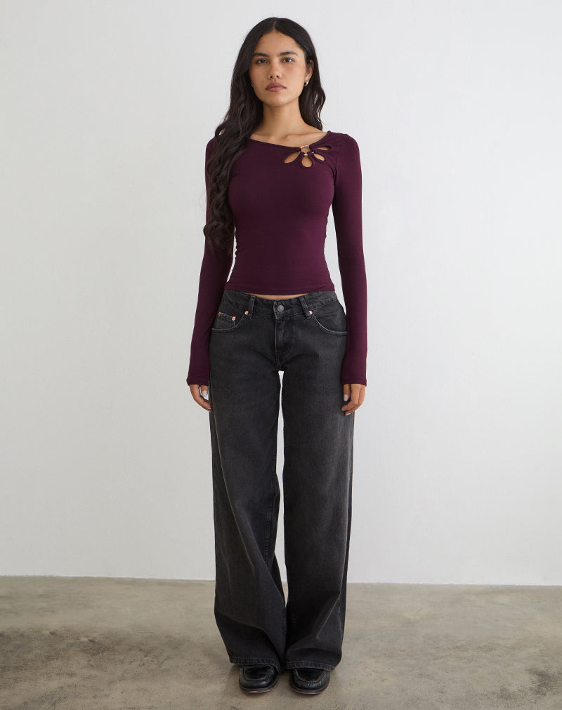 Donela Long Sleeve Top with Flower Ring in Redwood