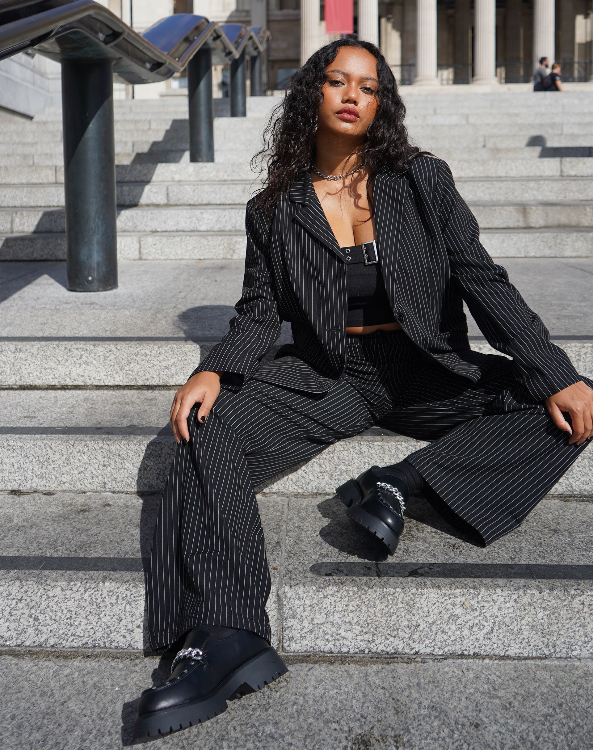 Image of Saskira Wide Leg Trouser in Pinstripe Black