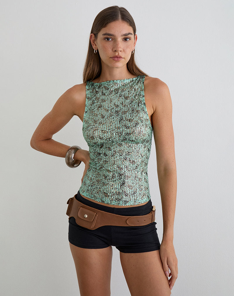 Image of Dudley Vest Top in Paisley Sequin Teal