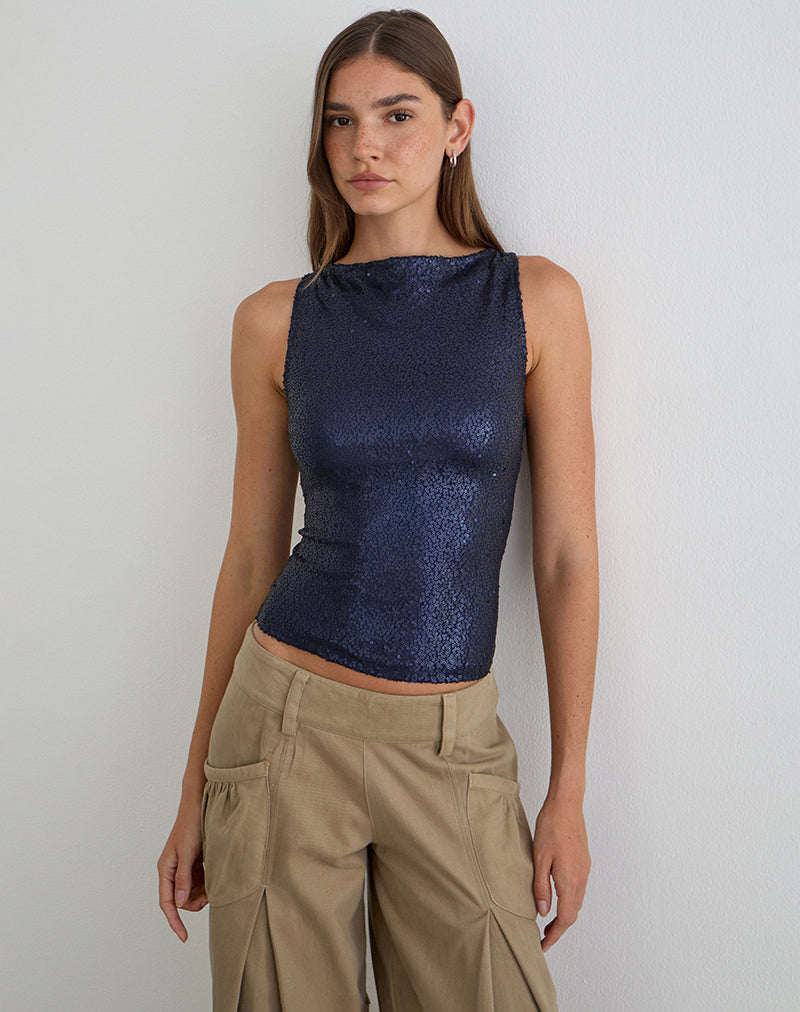 Image of Dudley Vest Top in Drape Sequin Navy