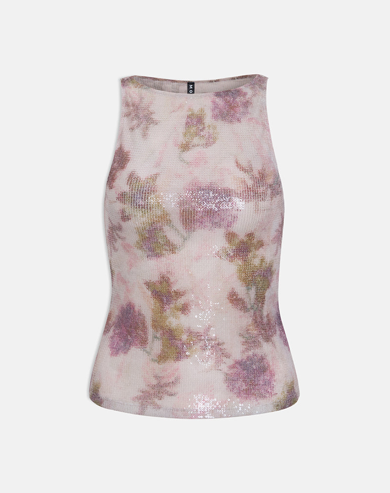 Image of Dudley Vest Top in Floral Sequin White and Purple