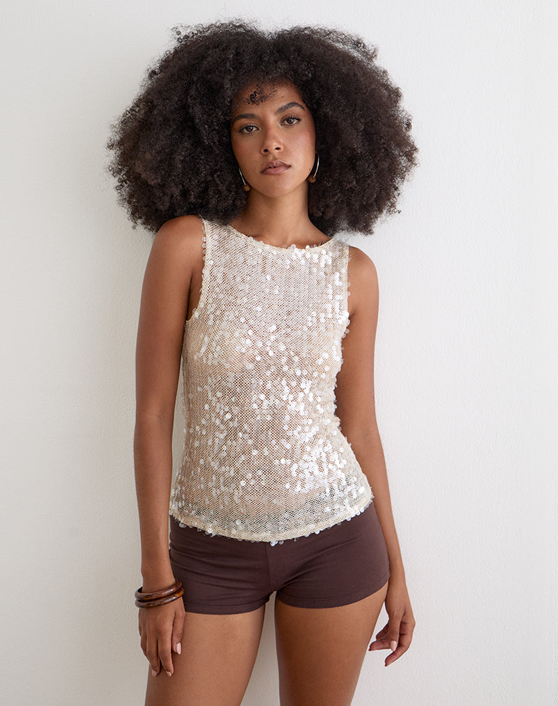 Débardeur Dudley en crochet à paillettes, couleur crème